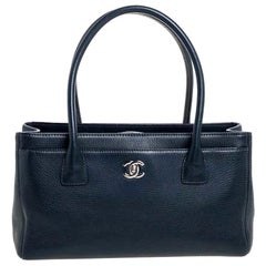 CHANEL DARK BLUE NAVY caviar leather Small Cerf Tote bag Rare $4500 