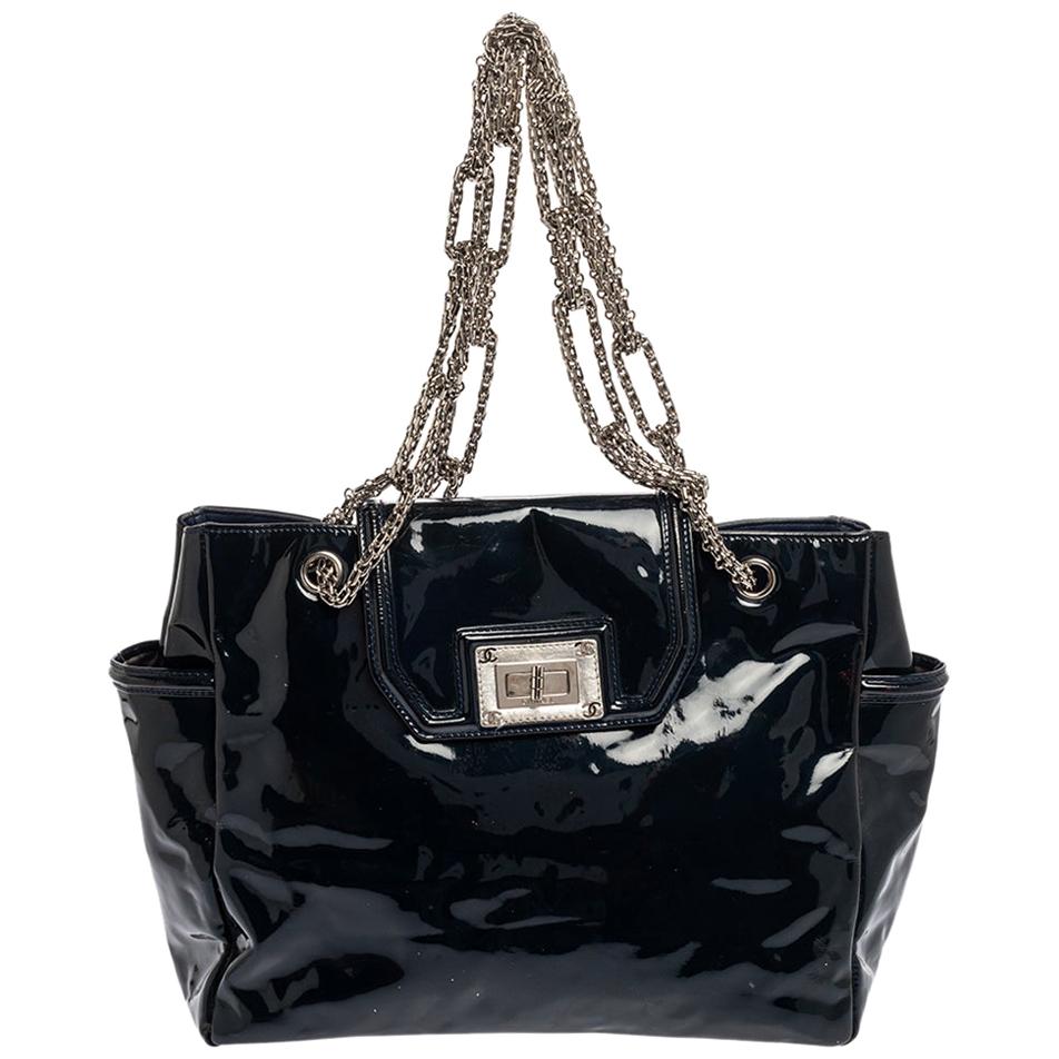 Chanel Dark Blue Patent Leather Giant Reissue Lock Chain Link Tote