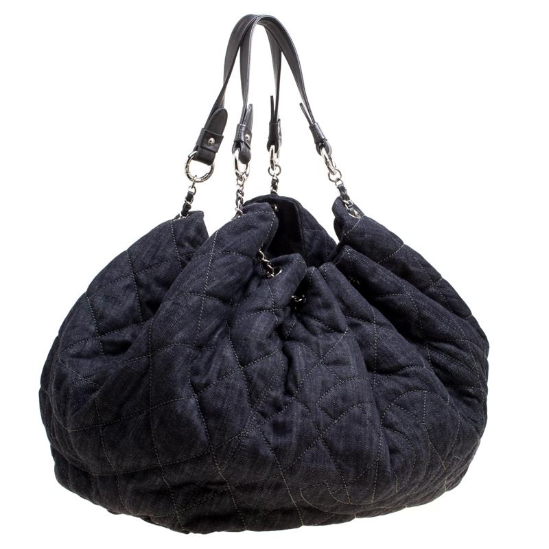 Chanel Dark Blue Quilted Denim Drawstring Bucket Bag 5