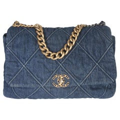 Chanel Dark Blue Quilted Denim Maxi Chanel 19 Flap Bag
