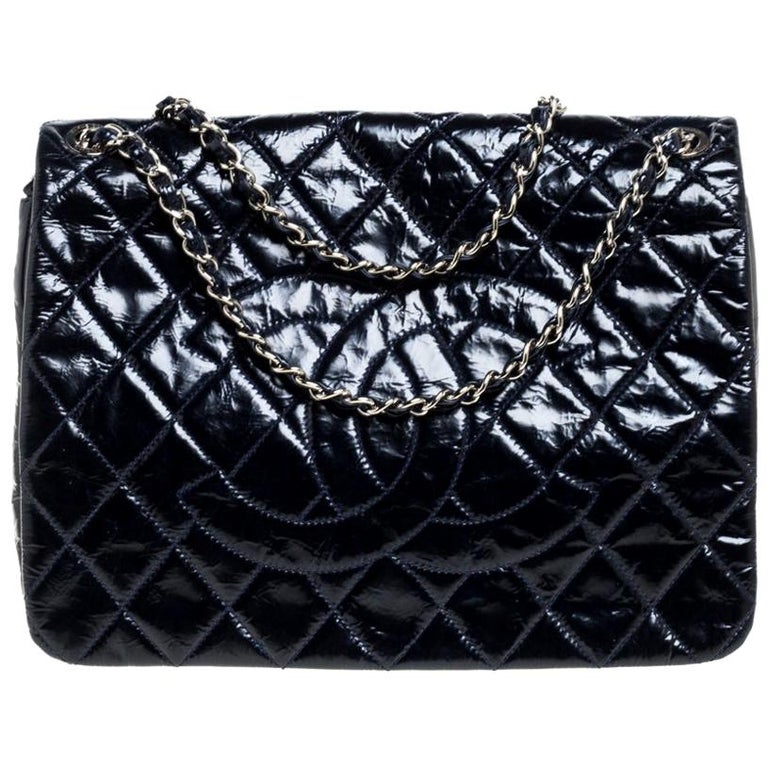 Chanel Dark Blue Quilted Patent Leather CC Flap Bag at 1stDibs