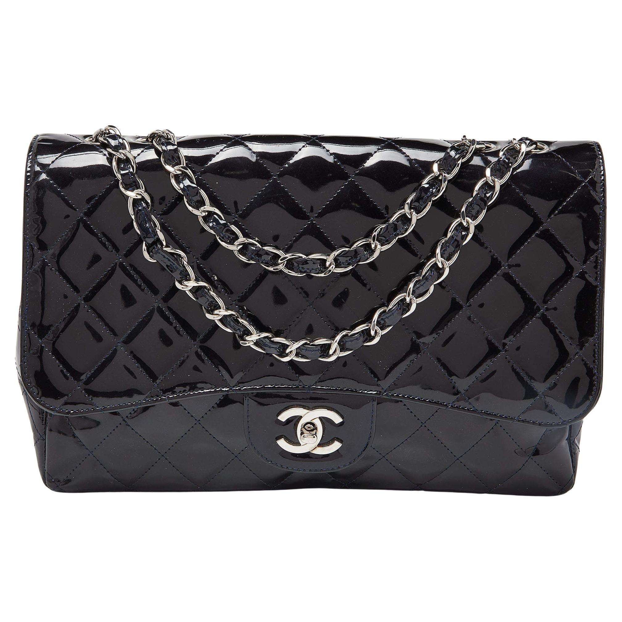 Chanel Dark Blue Quilted Patent Leather Jumbo Classic Single Flap Bag For Sale