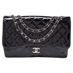 Chanel Dark Blue Quilted Patent Leather Jumbo Classic Single Flap Bag