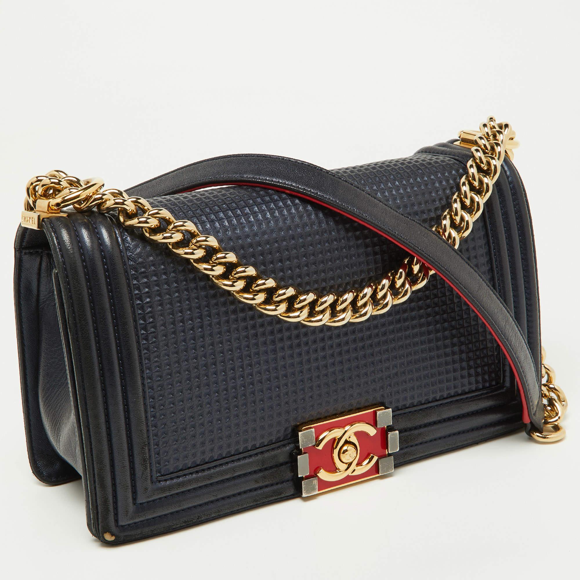 Chanel Dark Blue/Red Cube Embossed Leather Medium Boy Flap Bag In Fair Condition In Dubai, Al Qouz 2