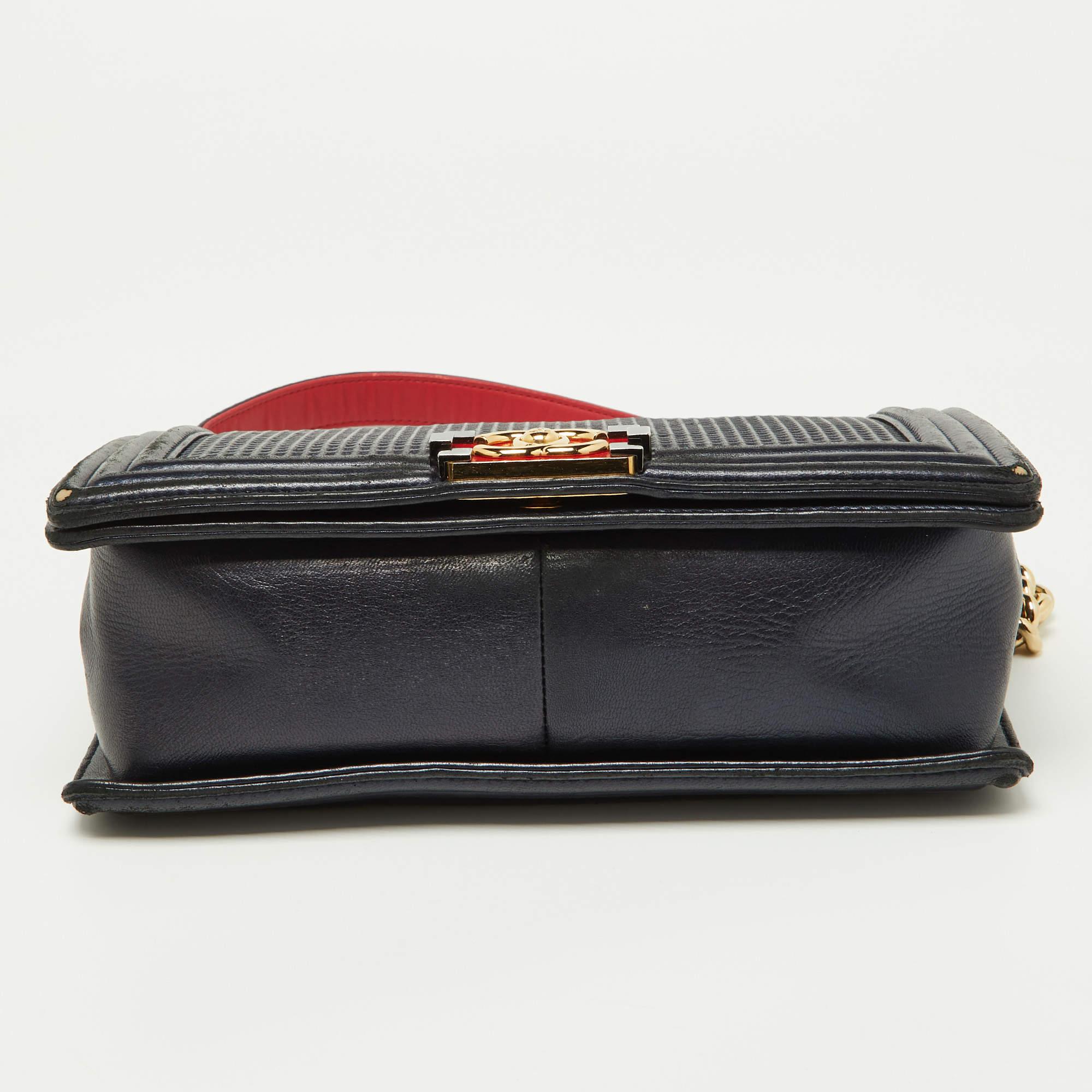 Women's Chanel Dark Blue/Red Cube Embossed Leather Medium Boy Flap Bag