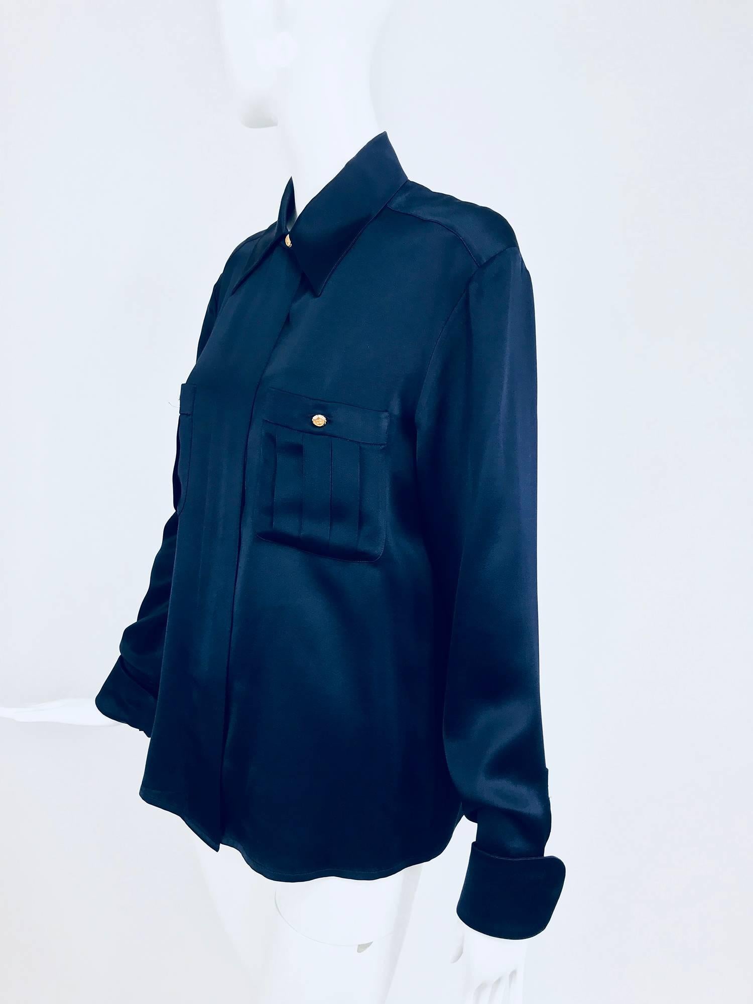 Chanel dark blue silk satin blouse  5