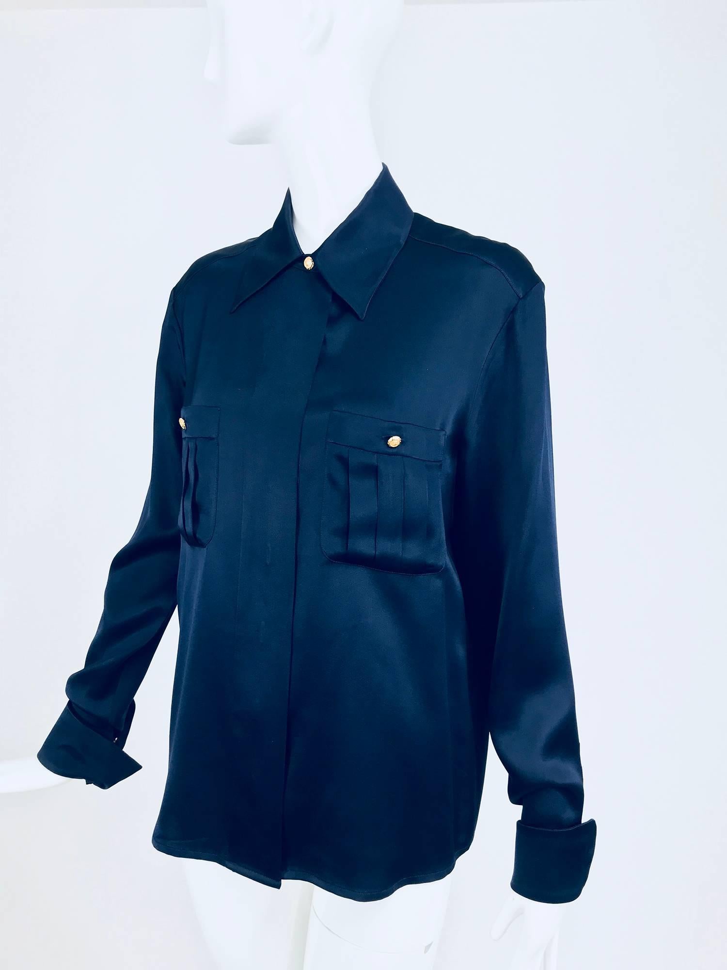 Chanel dark blue silk satin blouse  6