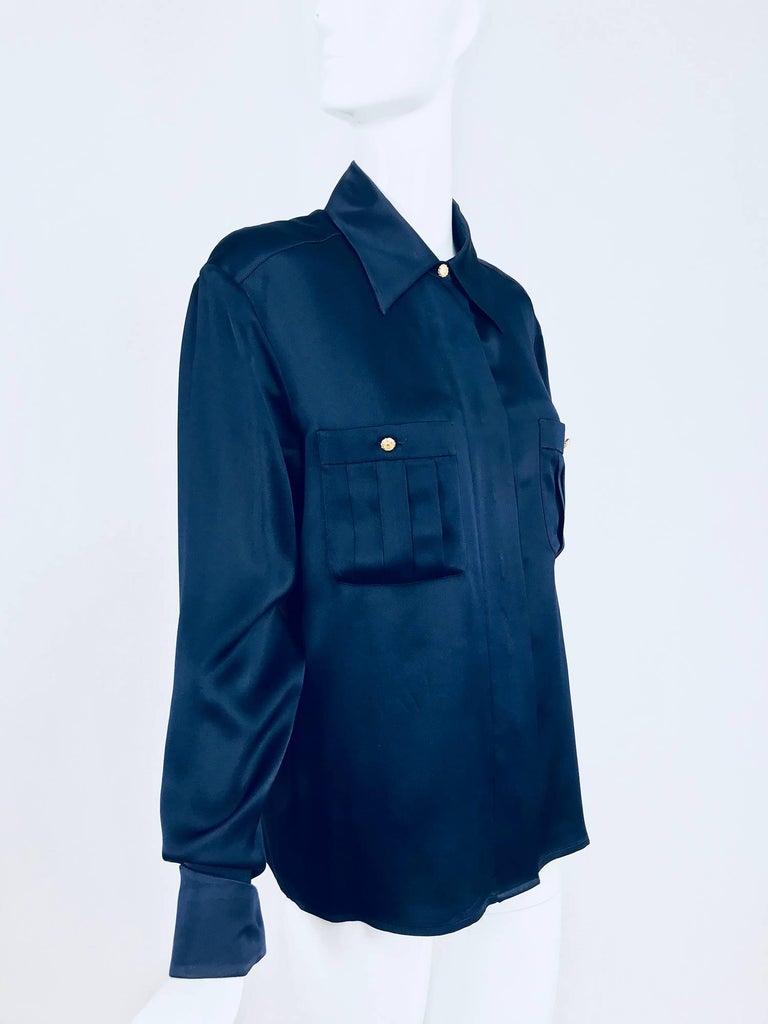 Chanel dark blue silk satin blouse at 1stDibs