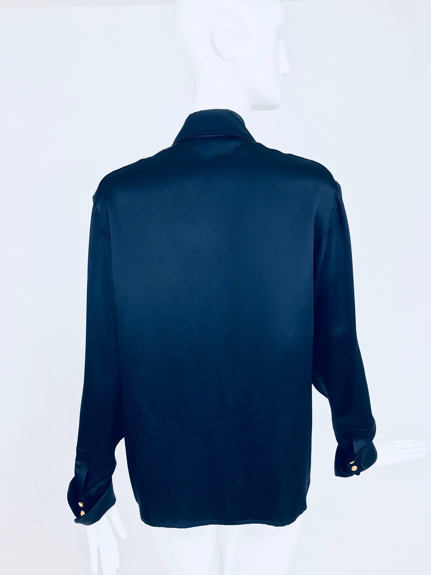 Chanel dark blue silk satin blouse  2