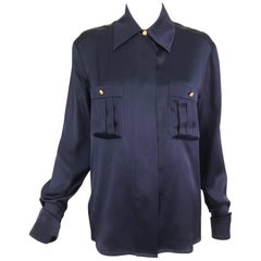 Chanel dark blue silk satin blouse