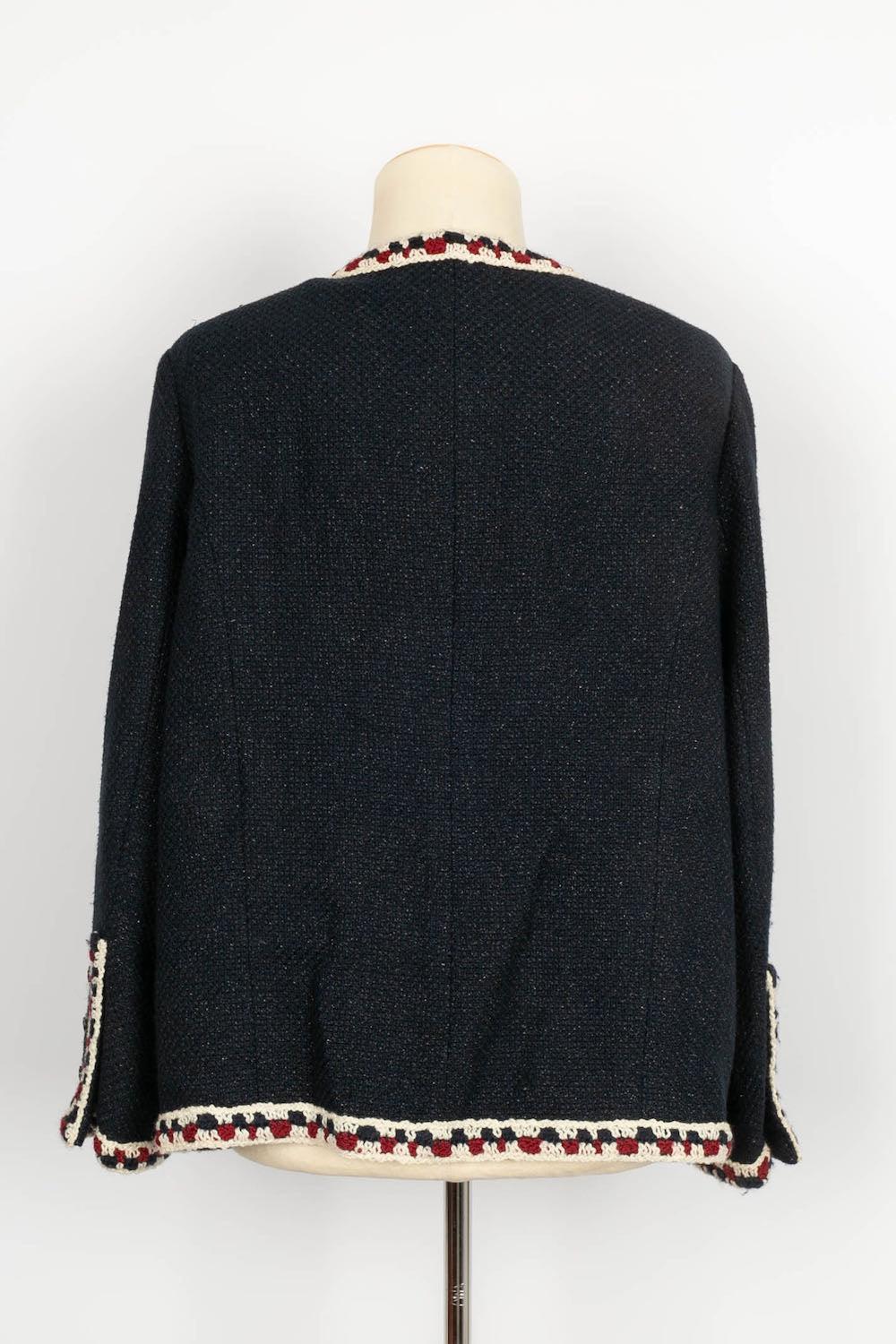 Black Chanel Dark Blue Tweed Jacket with Wool Trim For Sale