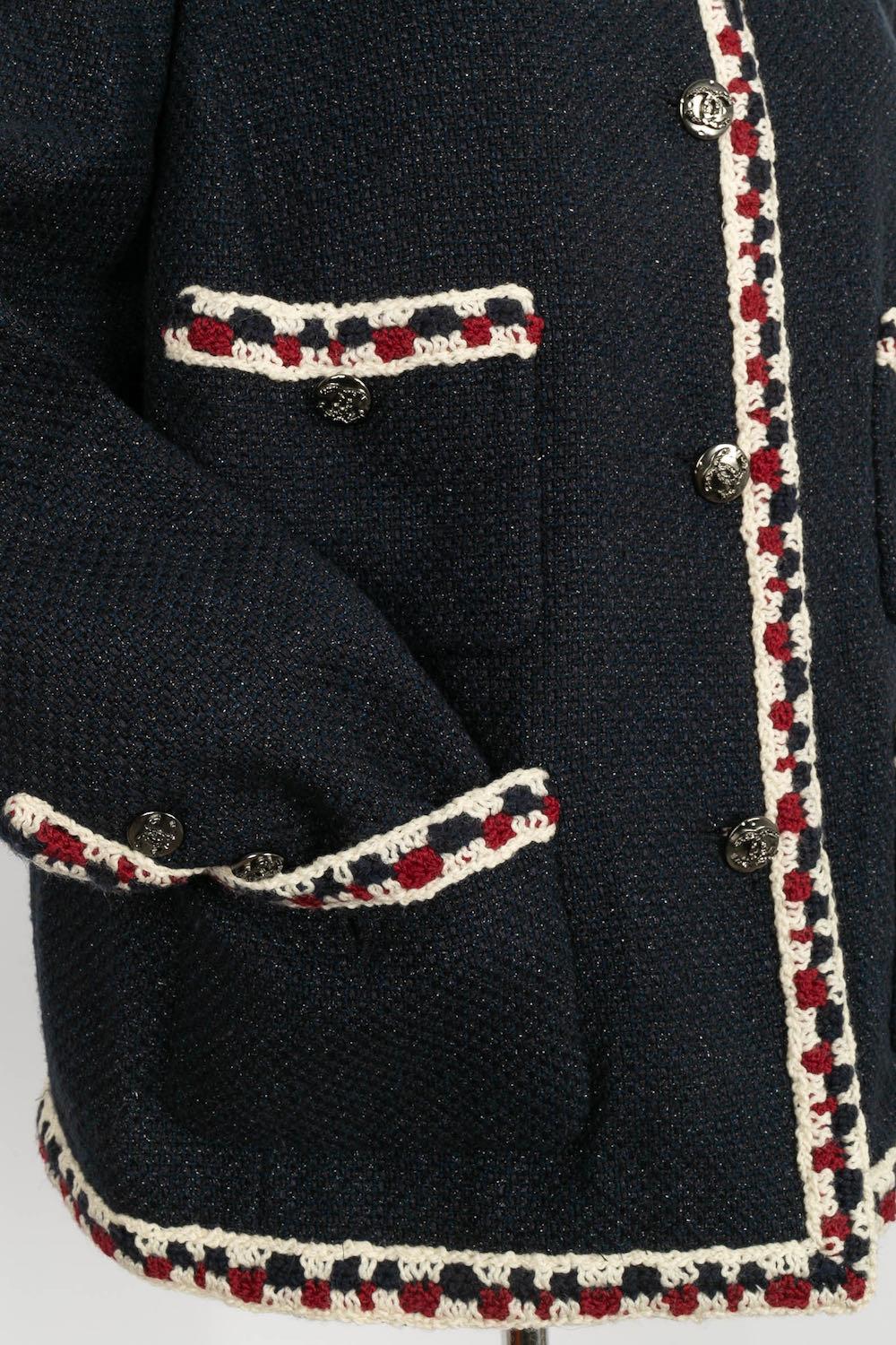 Chanel Dark Blue Tweed Jacket with Wool Trim For Sale 1