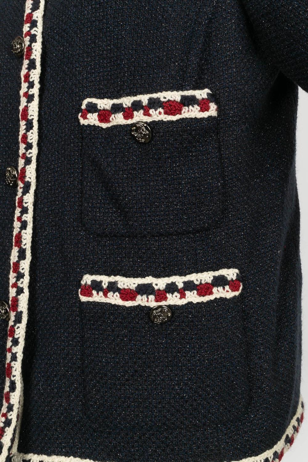 Chanel Dark Blue Tweed Jacket with Wool Trim For Sale 2