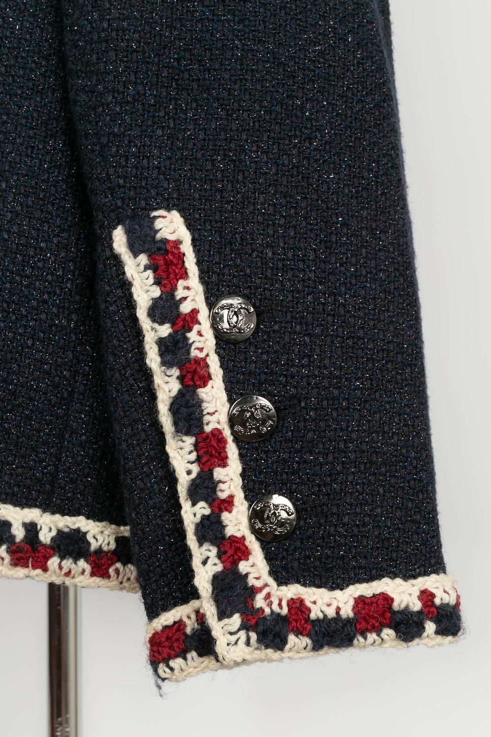 Chanel Dark Blue Tweed Jacket with Wool Trim For Sale 4