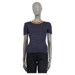 CHANEL dark blue viscose 2019 NEW YORK LUREX KNIT T-Shirt Shirt 36 XS