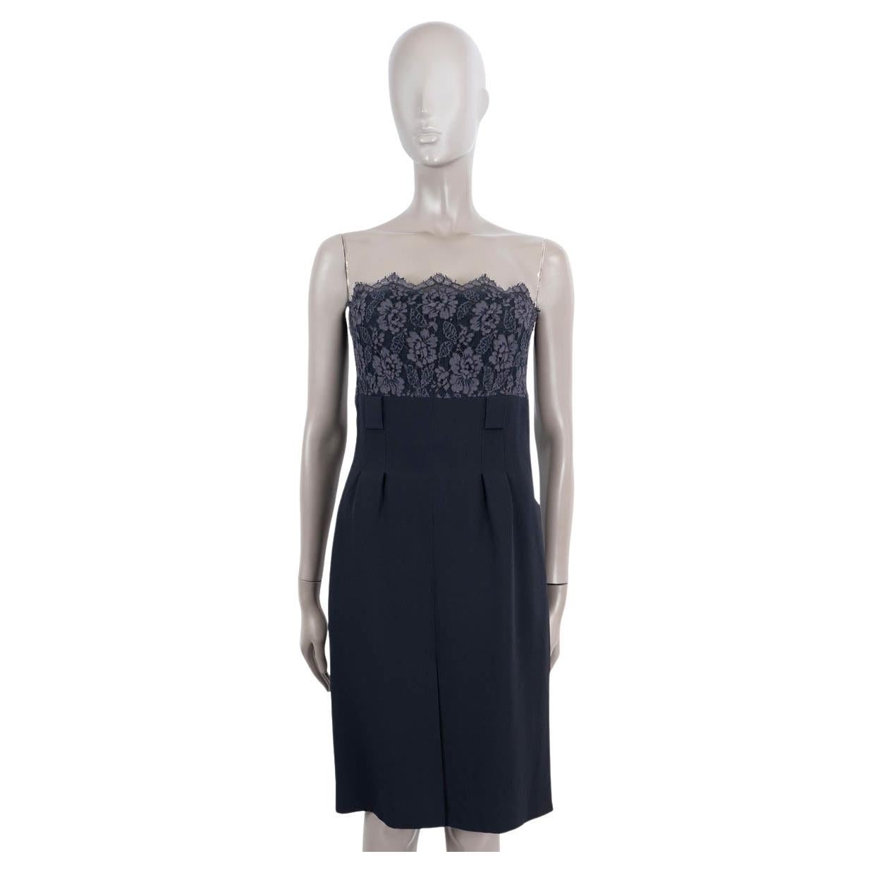 CHANEL dark blue wool 2007 07A CREPE & LACE BUSTIER Cocktail Dress 38 S For Sale