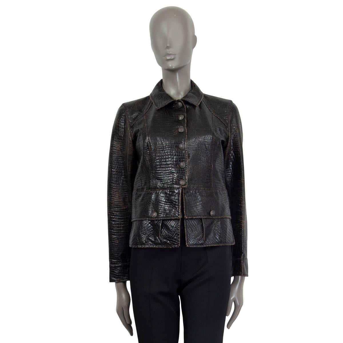 Black CHANEL dark brown 2003 CROC EMBOSSED FAUX LEATHER Jacket 38 S 03A