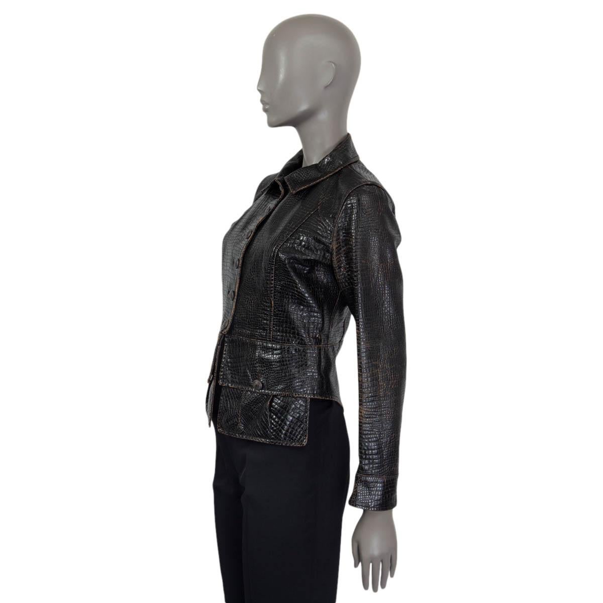 Women's CHANEL dark brown 2003 CROC EMBOSSED FAUX LEATHER Jacket 38 S 03A
