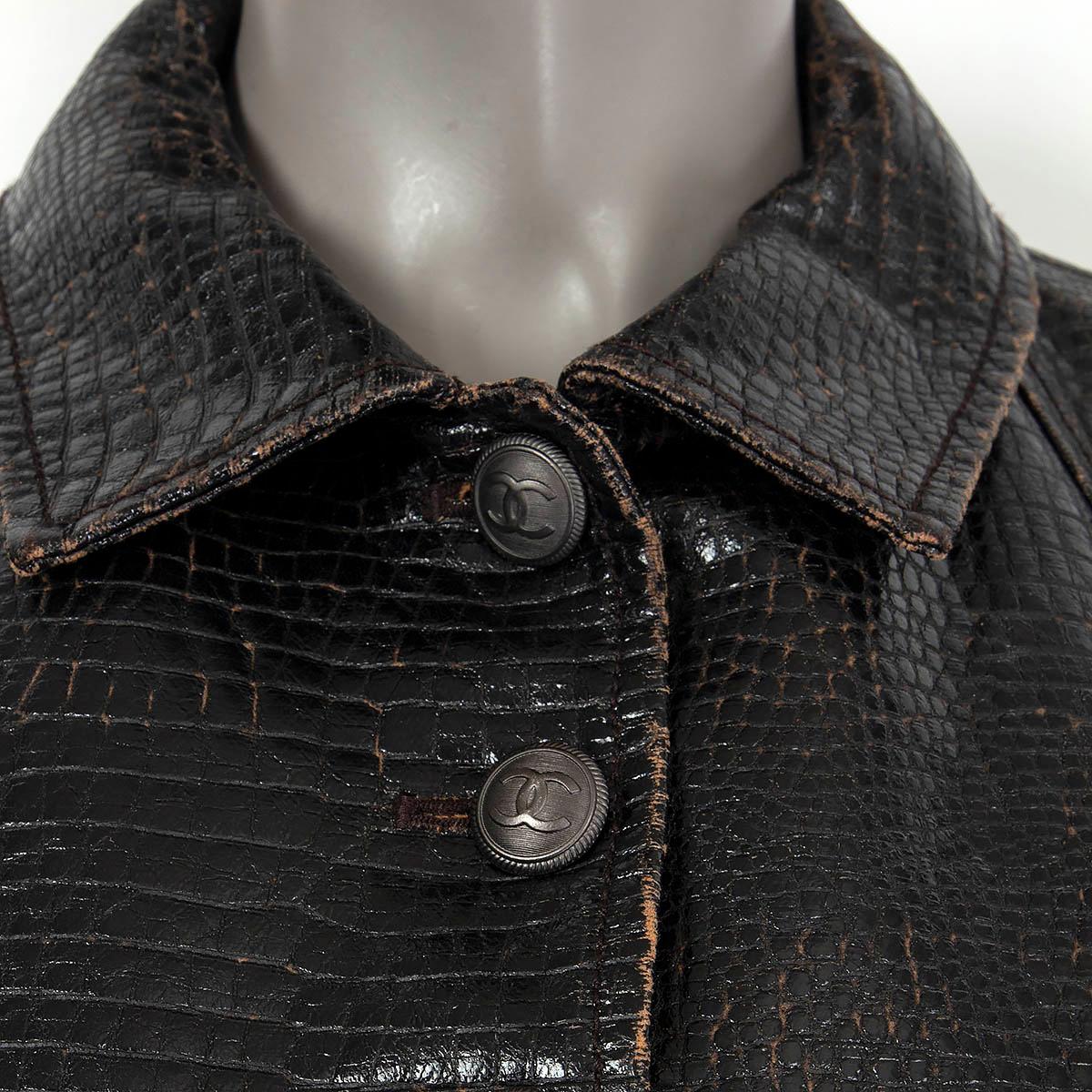 CHANEL dark brown 2003 CROC EMBOSSED FAUX LEATHER Jacket 38 S 03A 2