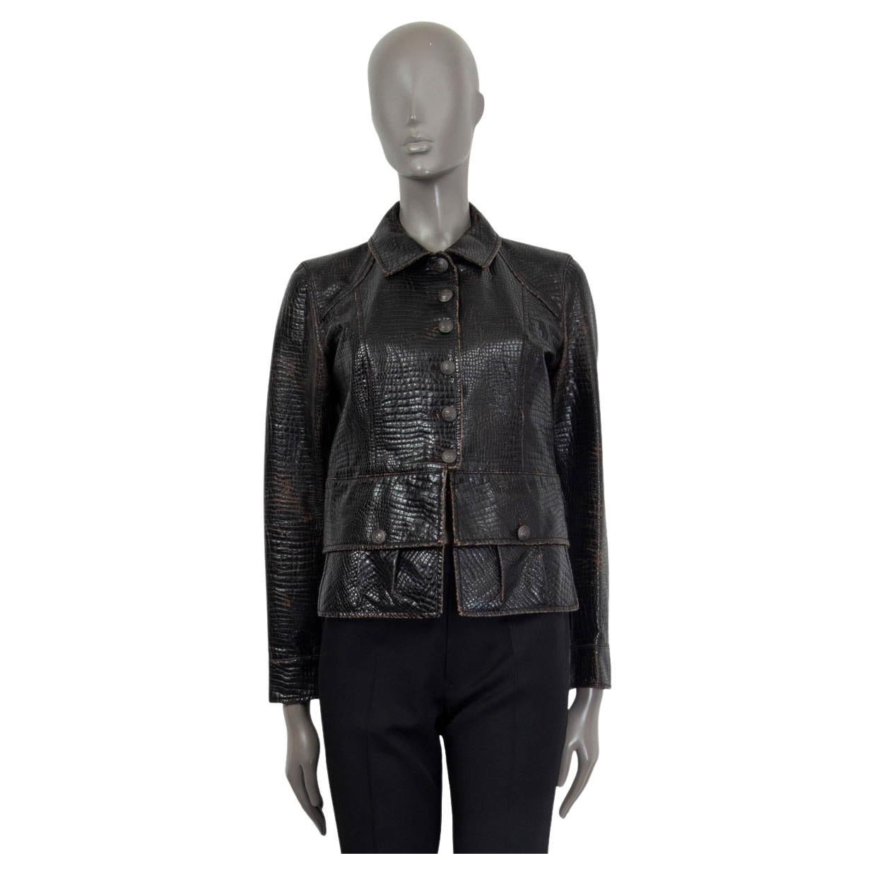 CHANEL dark brown 2003 CROC EMBOSSED FAUX LEATHER Jacket 38 S 03A