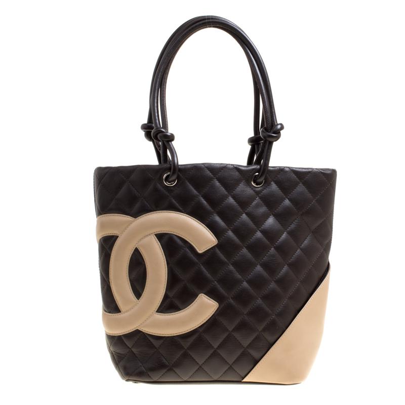 Chanel Dark Brown/Beige Quilted Leather Small Ligne Cambon Bucket Tote ...
