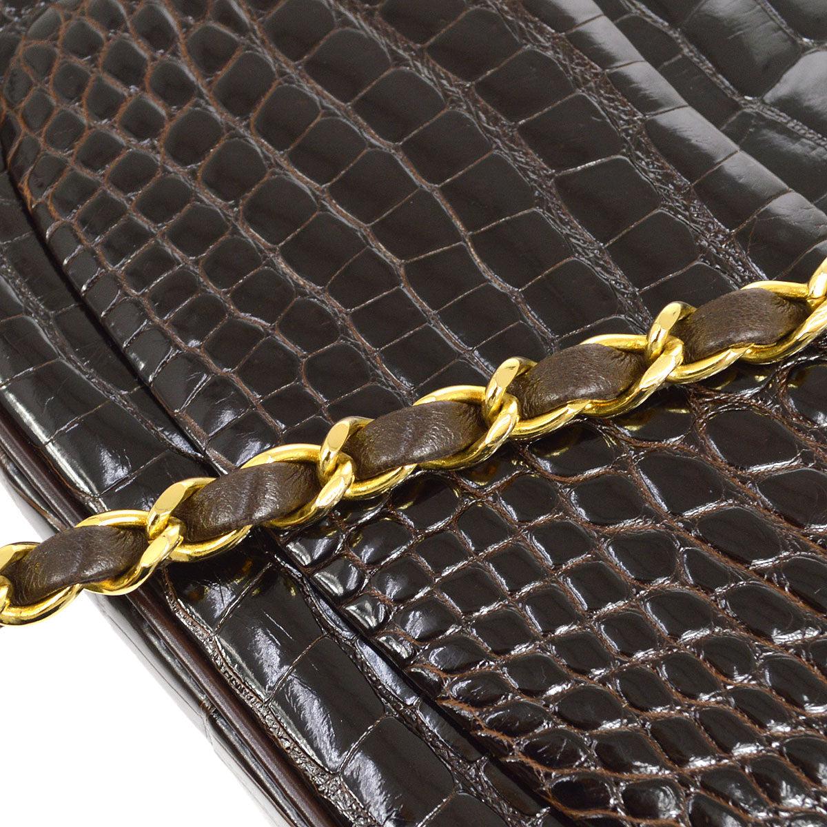 CHANEL Dark Brown Chocolate Crocodile Exotic Gold Small Square Shoulder Flap Bag In Good Condition In Chicago, IL