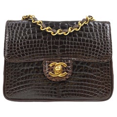 CHANEL Dark Brown Chocolate Crocodile Exotic Gold Small Square Shoulder Flap Bag