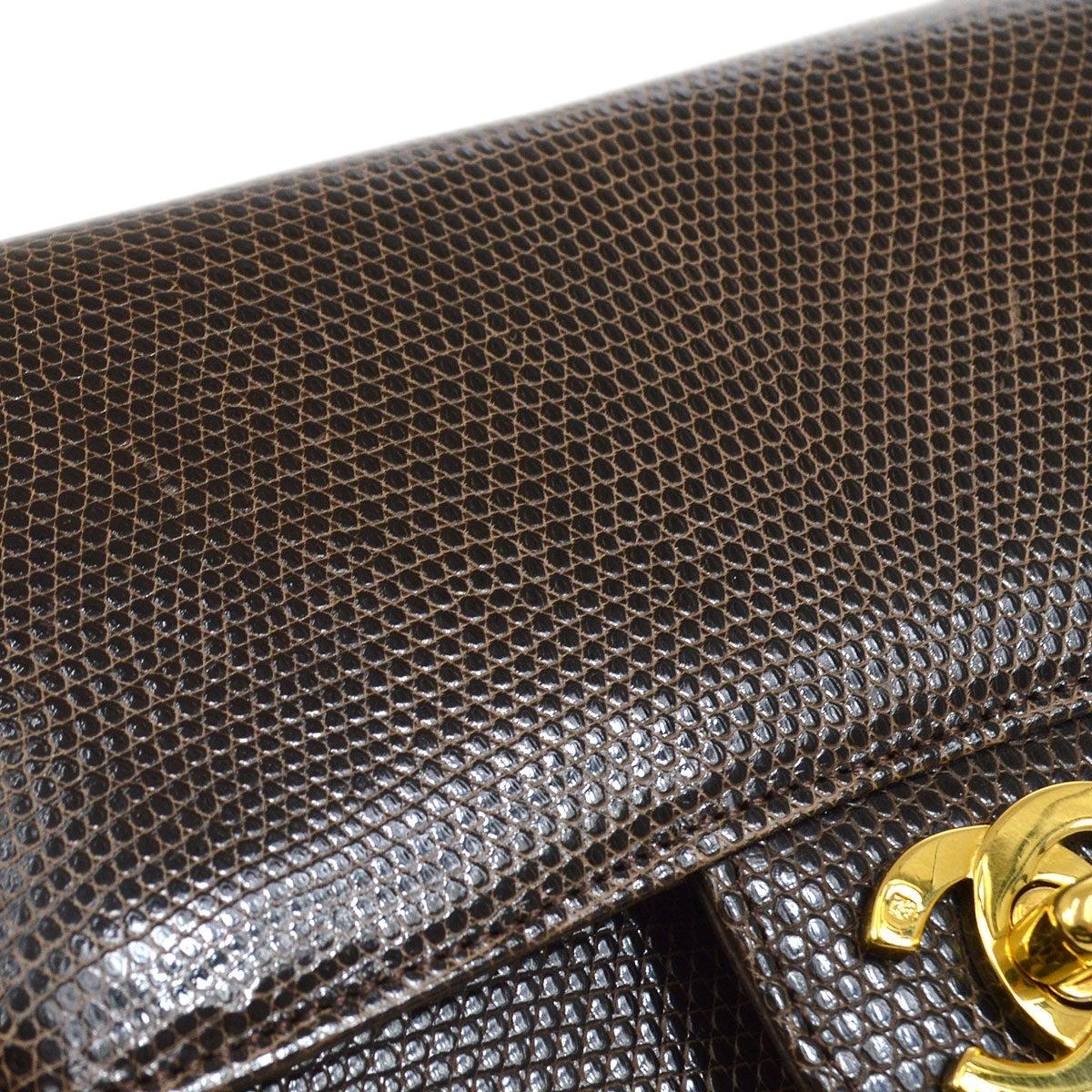 CHANEL Dark Brown Chocolate Lizard Exotic 24K Gold Small Mini Shoulder