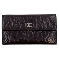 Chanel Dark Brown Embossed Patent Leather Camellia Wallet Coin Purse