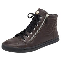 Chanel Dark Brown Leather Double Zip CC High Top Sneakers Size 39
