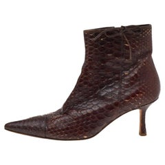 Chanel Dark Brown Python Leather Pointed Toe Ankle Length Boots Size 38.5