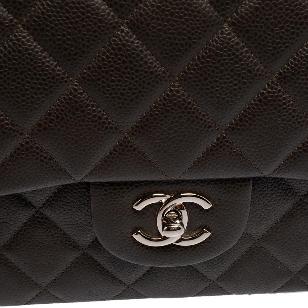 Chanel Dark Brown Quilted Caviar Leather Jumbo Classic Double Flap Bag 7