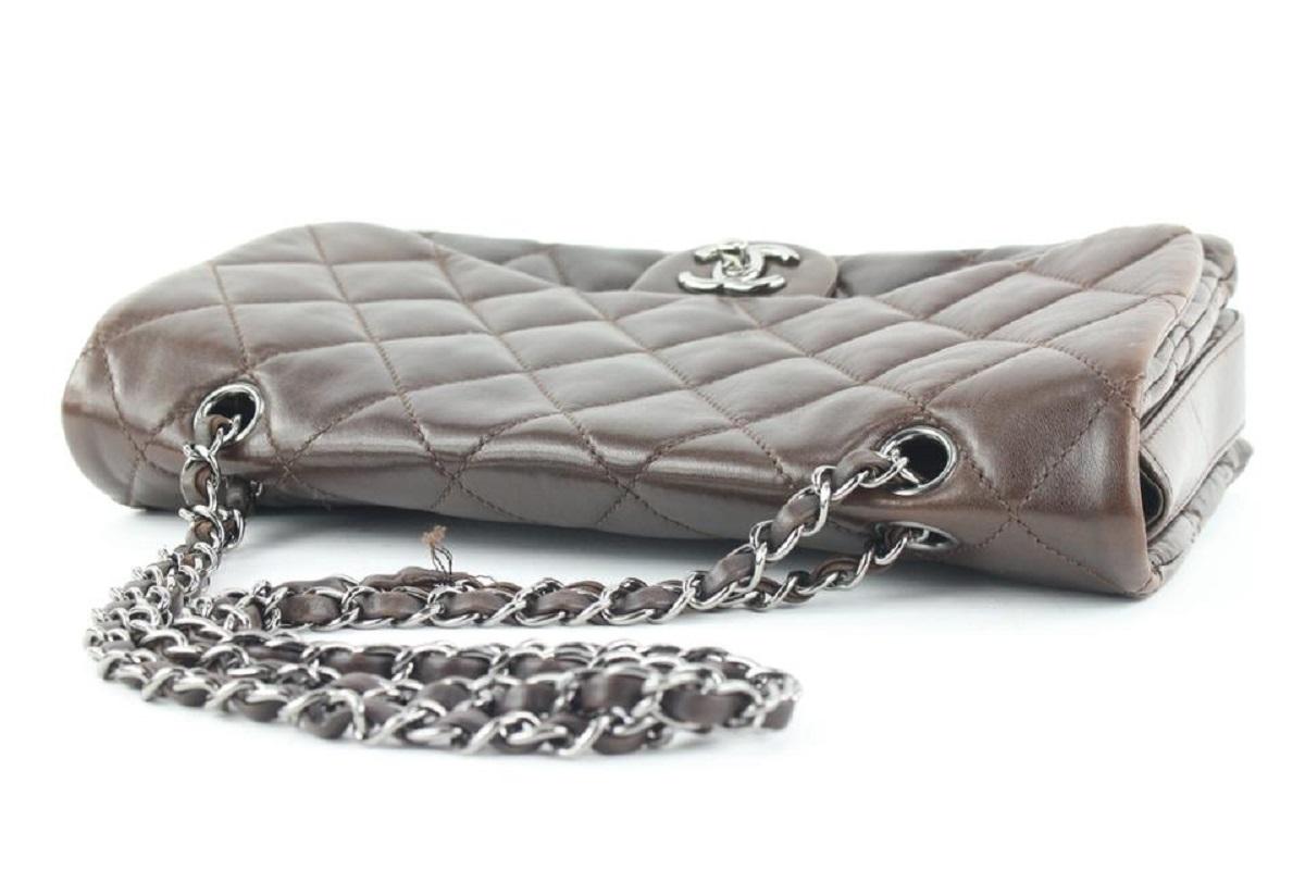 Gray Chanel Dark Brown Quilted Lambskin Jumbo Classic Flap Silver SHW 1CC922 For Sale