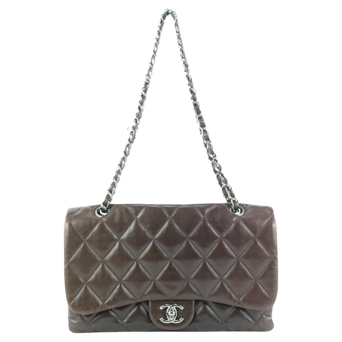 Chanel Dark Brown Quilted Lambskin Jumbo Classic Flap Silver SHW 1CC922 For Sale