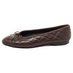 Chanel Dark Brown Quilted Leather CC Bow Ballet Flats Size 37.5