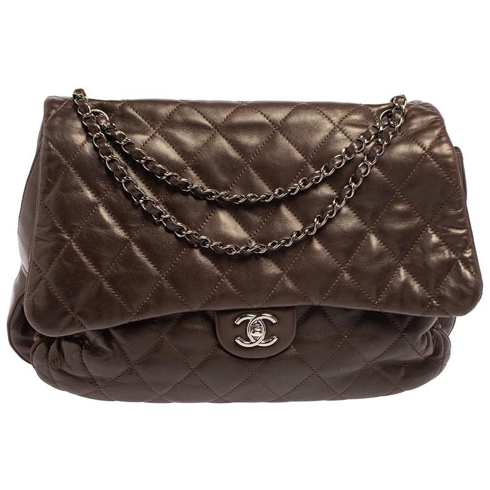 Chanel Dark Brown Quilted Leather Maxi 3 Accordion Flap Bag at