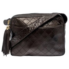 Chanel Dunkelbraun Gestepptes Leder Quaste Vintage Kameratasche