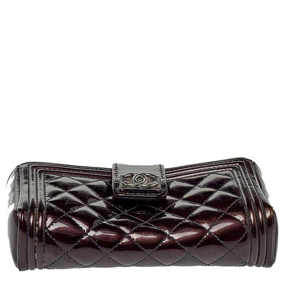 Chanel Dark Brown Quilted Patent Leather CC Phone Holder Clutch 1
