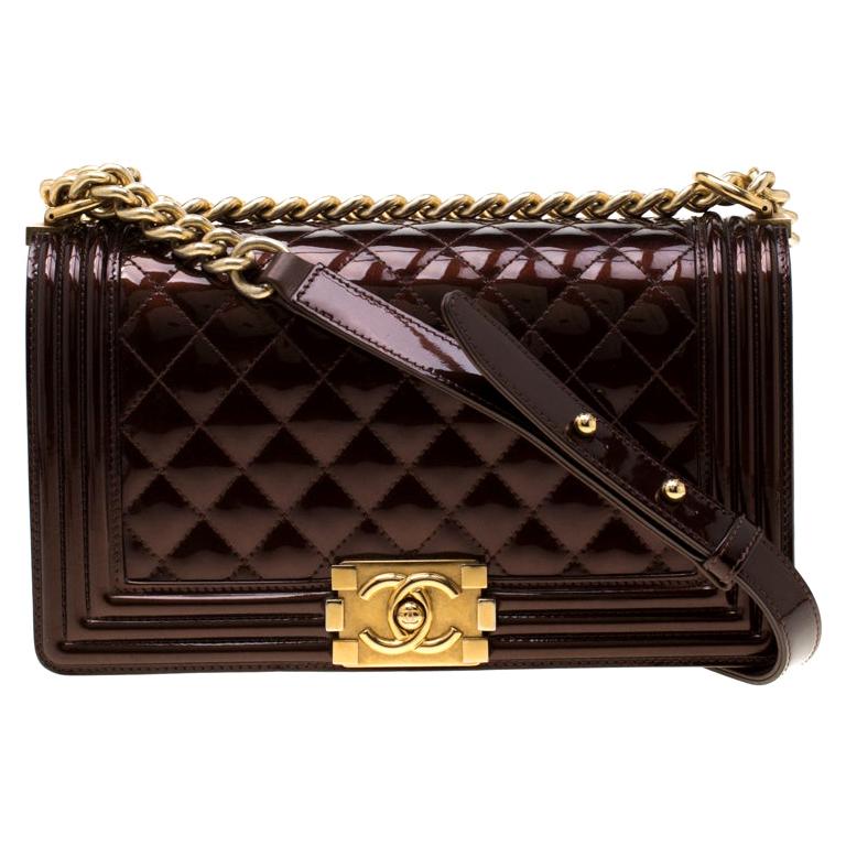 Chanel Dark Brown Quilted Patent Leather Medium Boy Flap Bag For Sale ...