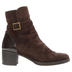 CHANEL dark brown suede leather gold buckle block heel ankle boot EU36.5