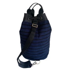 Chanel Dark Dark Navy Blue Striped CC Logo Drawstring Large Beach Tote Bag