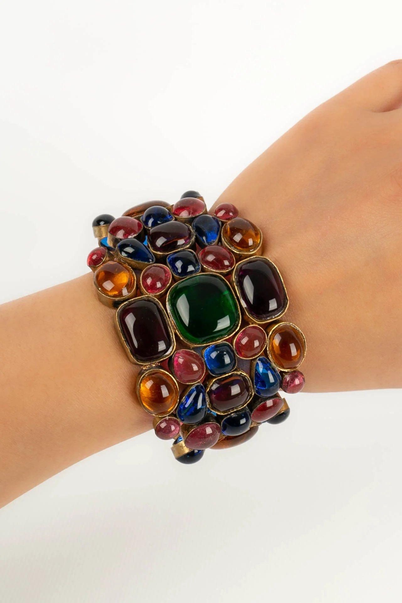 Chanel Dark Gold Metal and Multicolored Glass Paste Bracelet 4