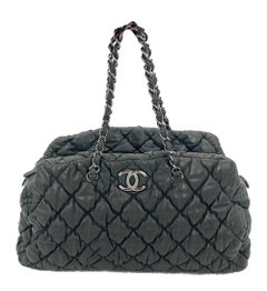 Chanel Dark Gray Quilted Puffy Leather Shoulder Bag Tote