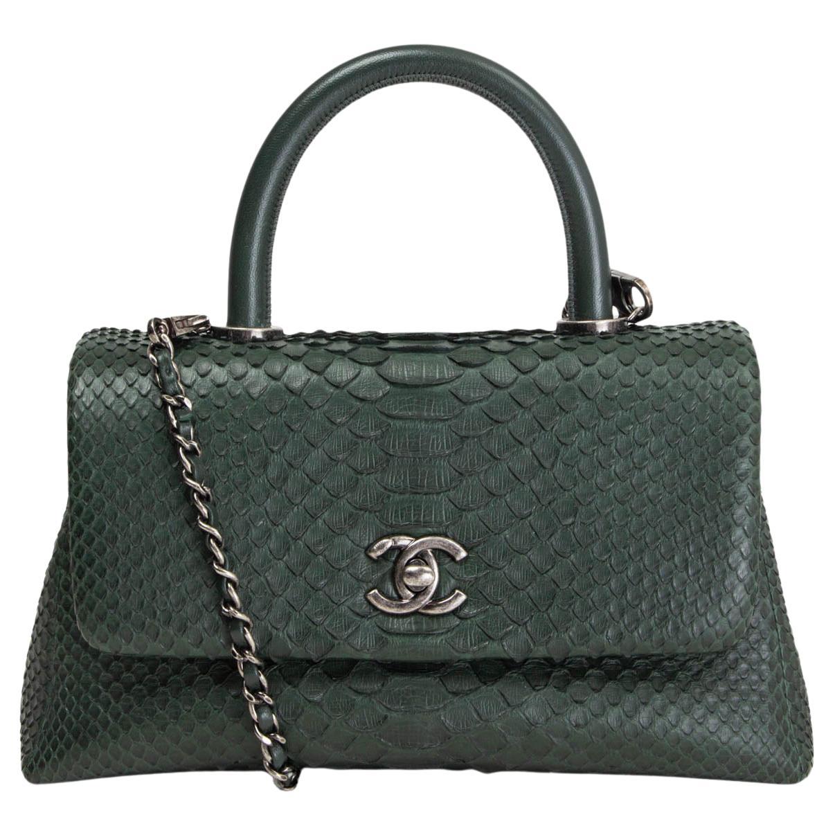CHANEL dark green 2016 PYTHON COCO HANDLE SMALL FLAP Bag