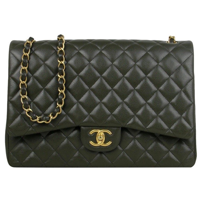 Chanel Dark Green Caviar Leather Double Flap Maxi Bag For Sale at 1stDibs