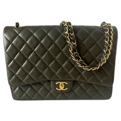 Chanel Dark Green Caviar Leather Double Flap Maxi Bag