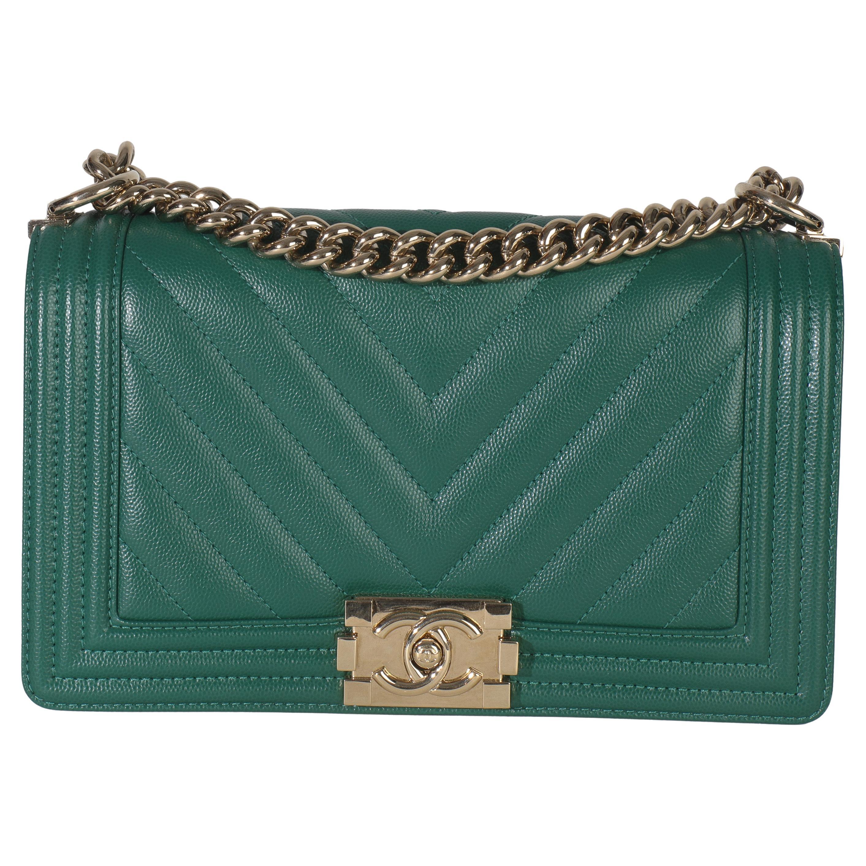 Chanel Dark Green Chevron Caviar Old Medium Boy Bag