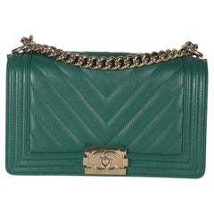 Chanel Dark Green Chevron Caviar Old Medium Boy Bag
