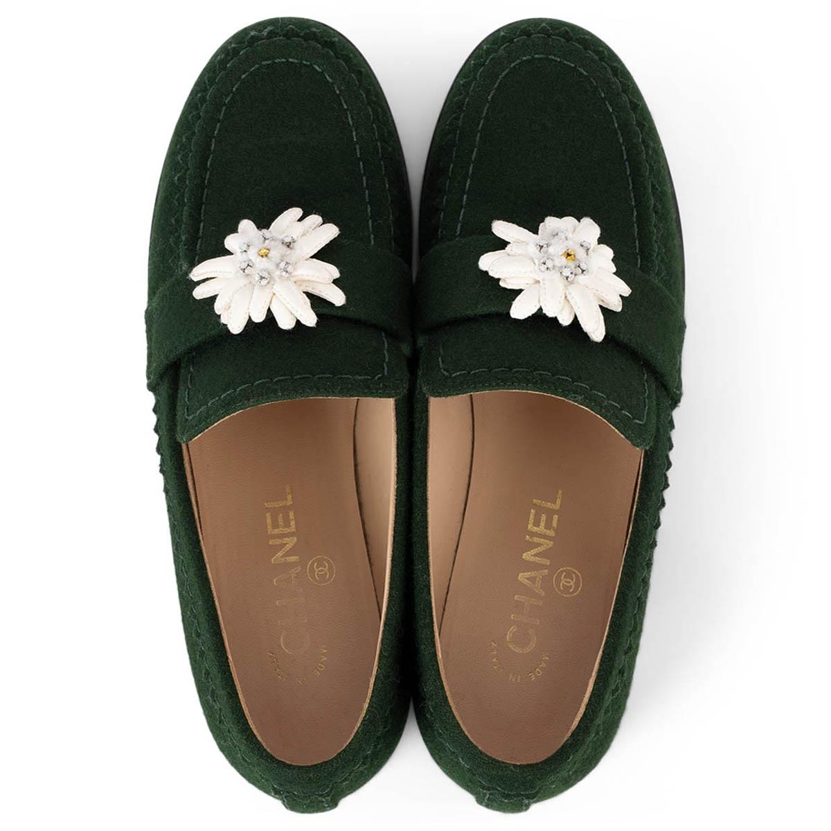 CHANEL dark green felt 2015 15A SALZBURG Loafers Flats Shoes 39 fit 38.5 2