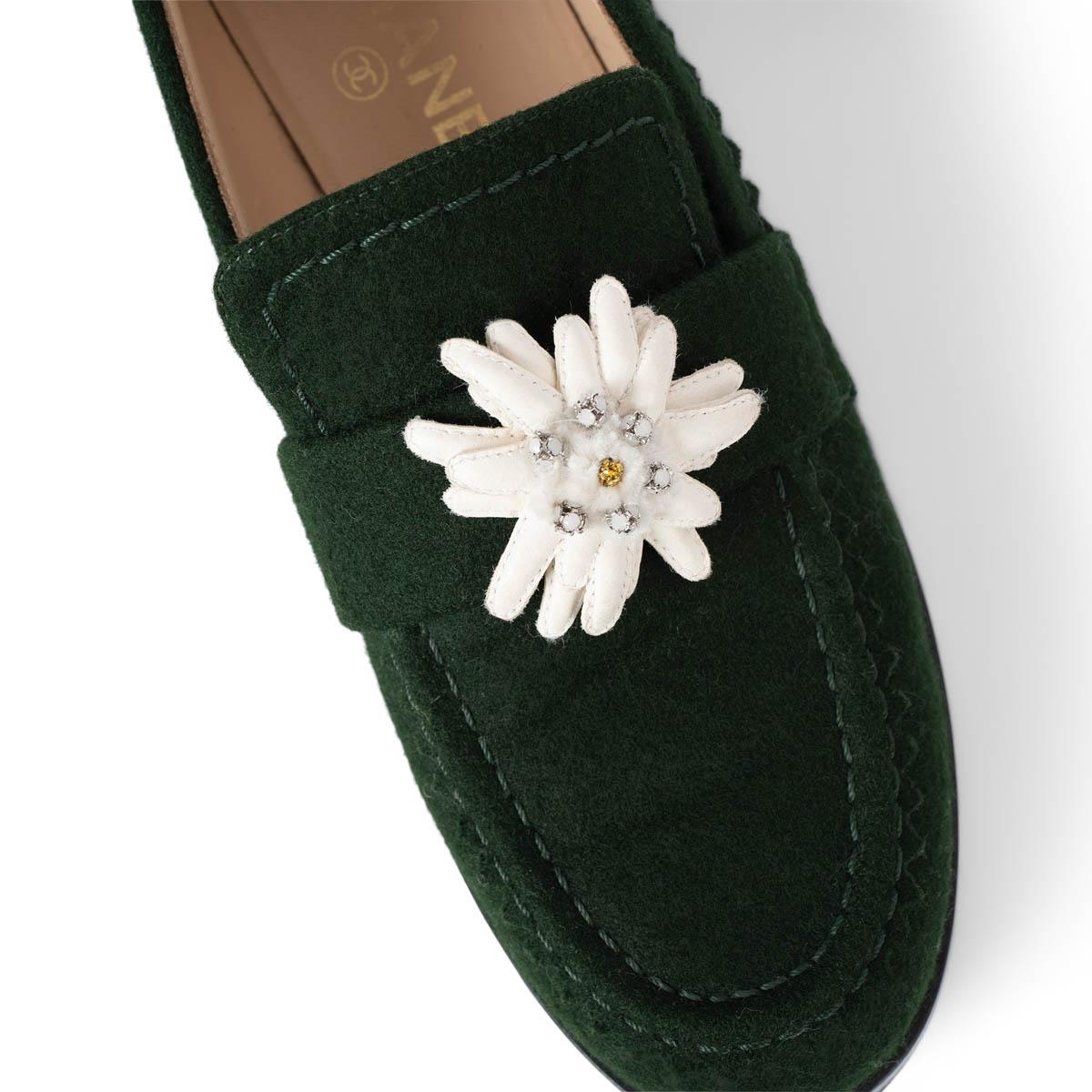 CHANEL dark green felt 2015 15A SALZBURG Loafers Flats Shoes 39 fit 38.5 3